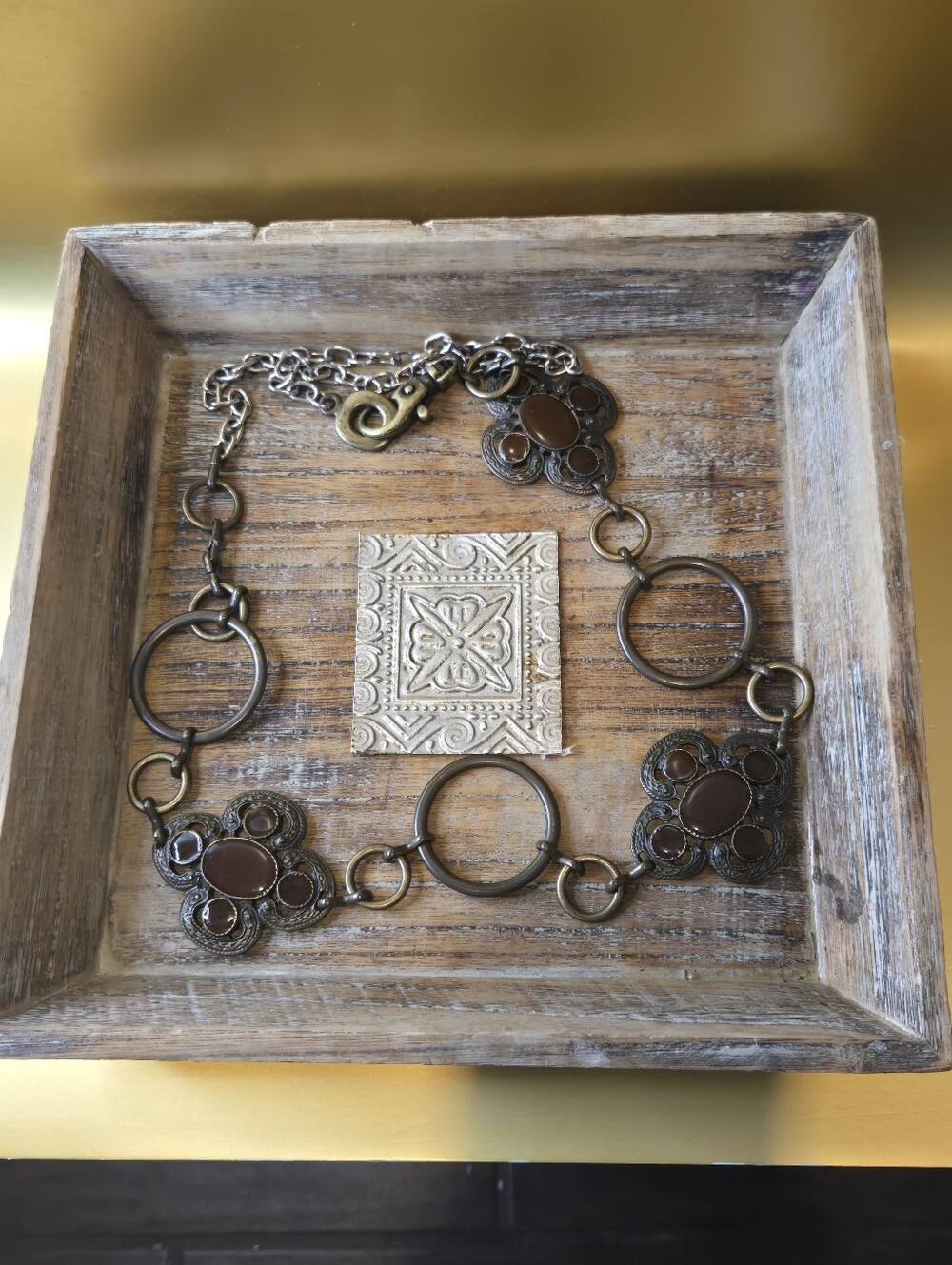 Vintage Antique Brass Chain Belt Brown Cabochon Stone Quatrefoil O-Ring 41"